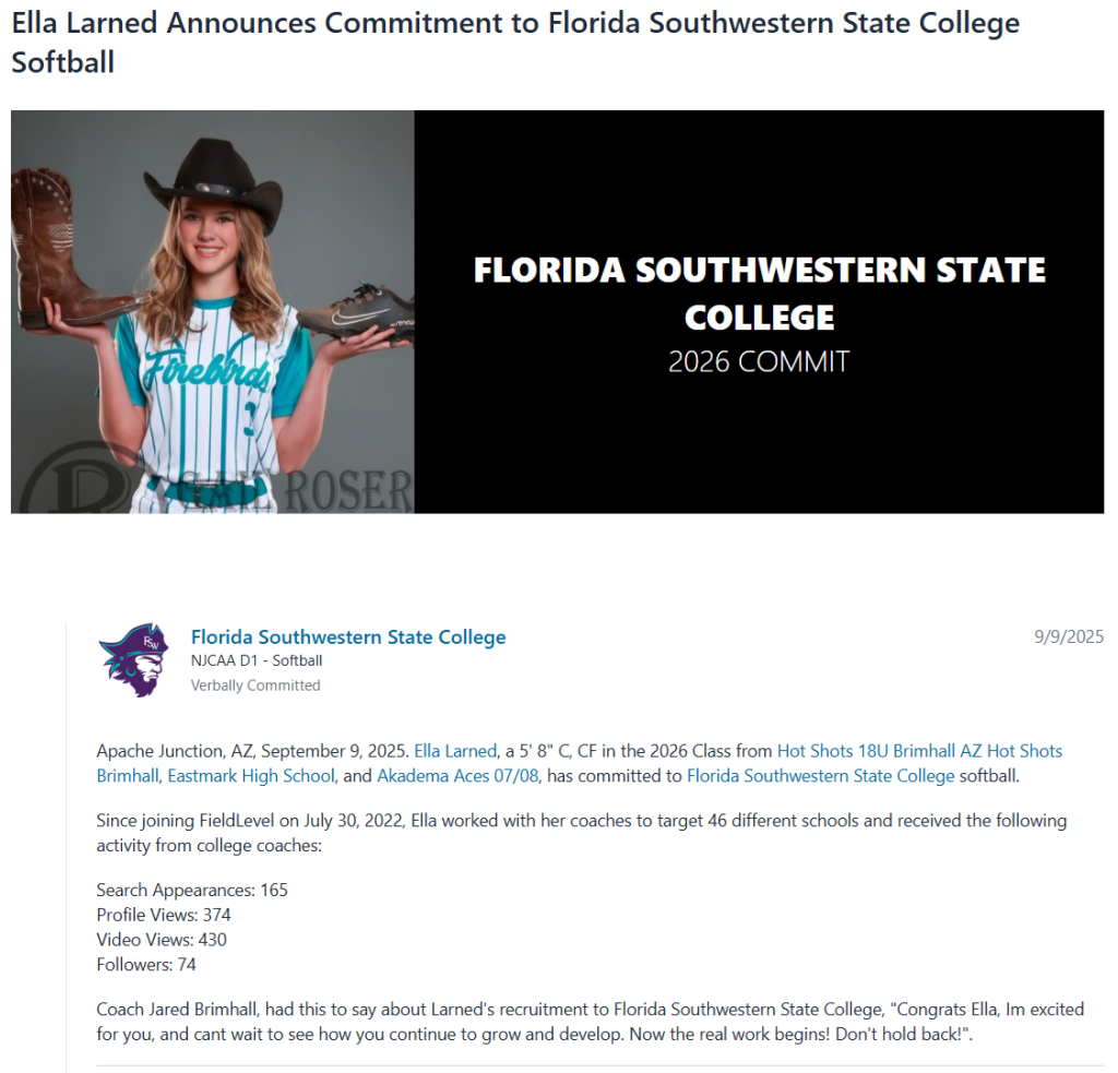 Ella Larned Announces Commitment to Florida Southwestern State College Softball